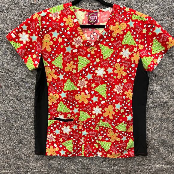 Divine Scrub- Women’s Medium -Christmas design -Short Sleeve -V-neck -Red Black - Picture 1 of 10